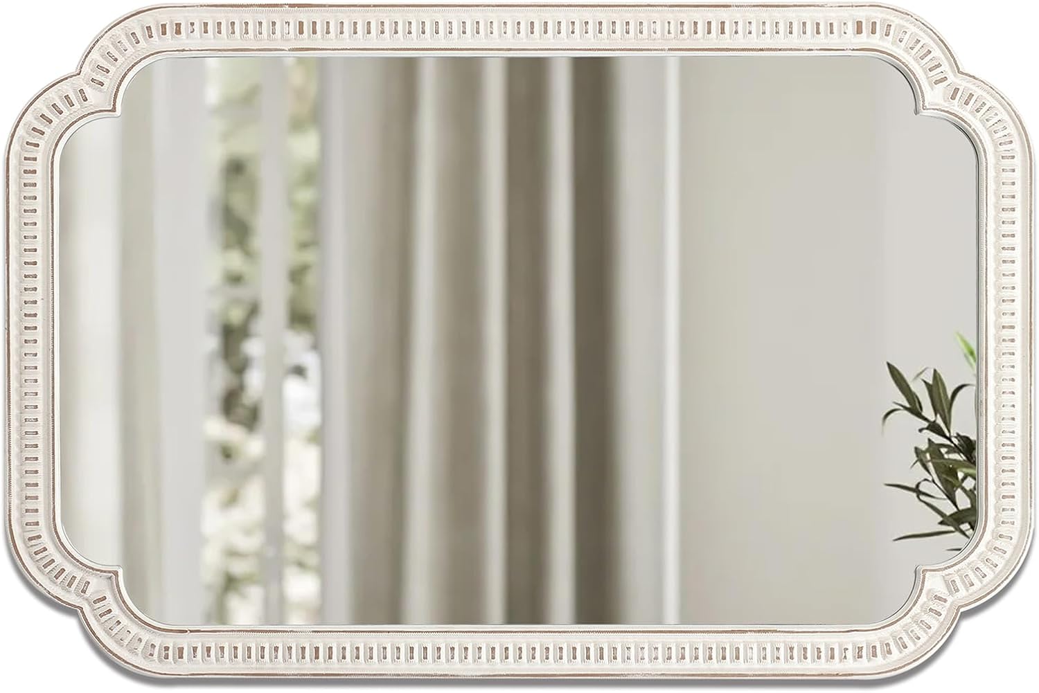 Rustic White Mirrors for Bathroom 24 X 36, Hanging Distressed Finish Carved Wood Scalloped Farmhouse Wall Mirror, Decorative Arched Corner Vintage Mirror, Boho Rectangular Mirrors